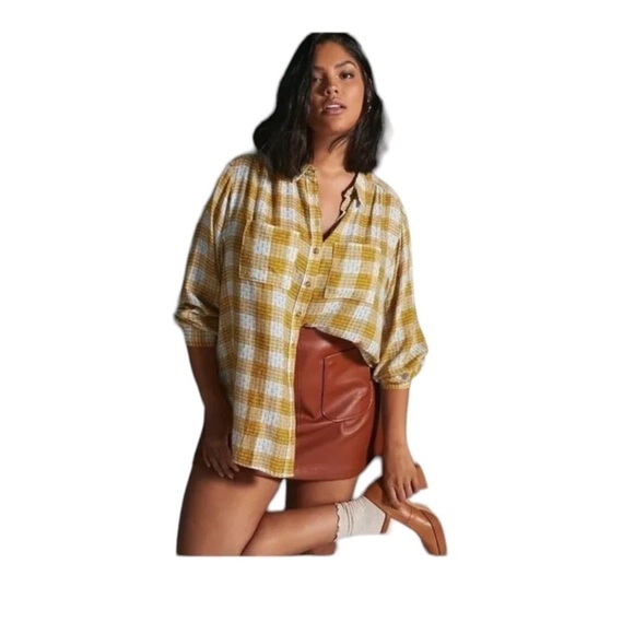 PILCRO Oversized Button Down Shirt in Yellow Plaid Size XS - Picture 3 of 9
